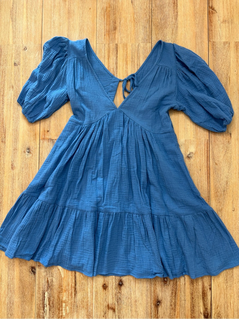 Blue Women's Gauze Dress with Tie Back